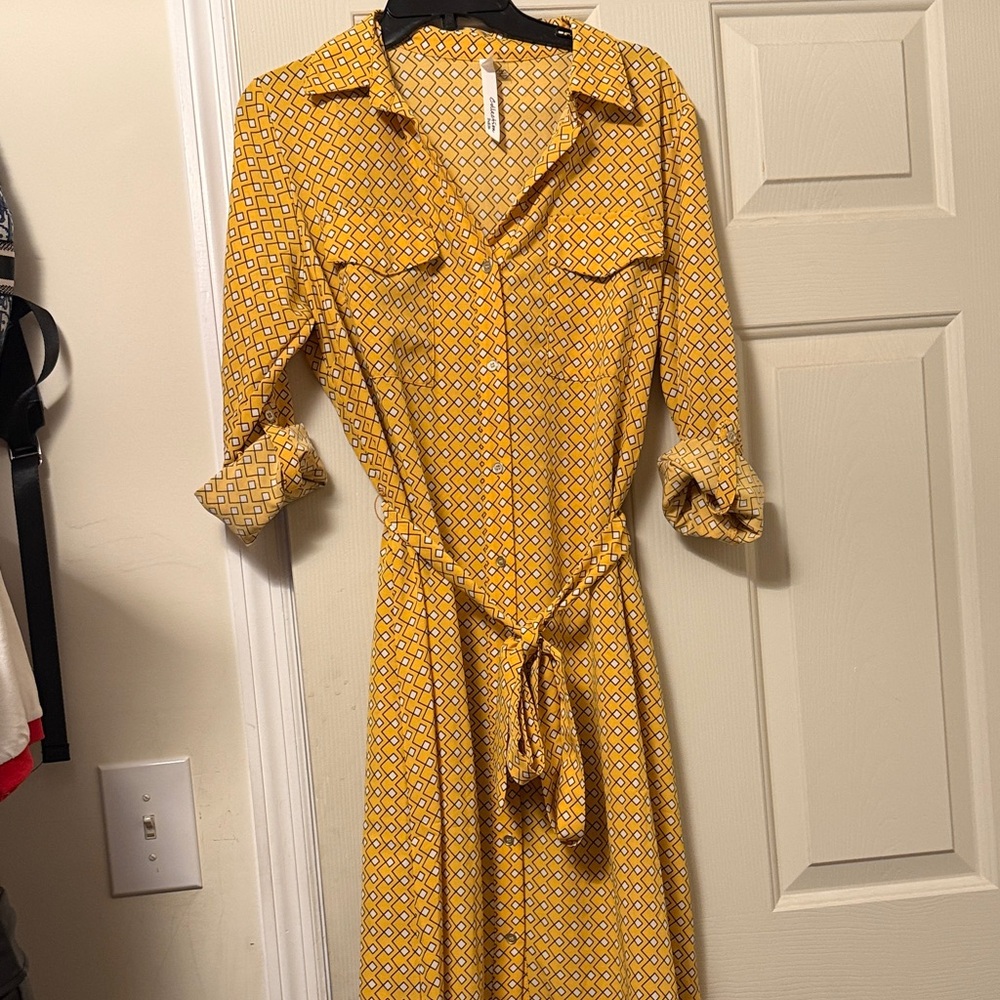 NY Collection Yellow Patterned Long Sleeve Dress